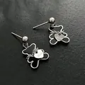 Cute black enamel bear stud earrings with silver heart love charm in stainless steel - Black Shell Bear Steel Color Stud Earrings