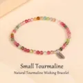 Delicate 2mm natural rainbow tourmaline beaded bracelet featuring a silver LUCKY charm tag - S925 Silver Tag Tourmaline Style