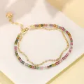 2mm rainbow tourmaline double-layer bracelet with 14k gold-plated chain and heart charm. - Square Tourmaline With Heart Pendant