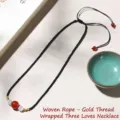 Hand-woven black rope necklace with red agate beads and gold silk wrapping - Braided Cord Gold Wrapped (Three Beads) Necklace / Single Necklace