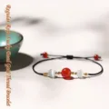 Elegant handmade braided bracelet with red agate and white cat eye beads on black adjustable cord - Regular Cord Transfer Bead Gold Thread Bracelet / Single Bracelet