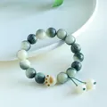 Handcrafted green Bodhi seed bracelet with cat paw charm and Six-Syllable Mantra beads - Green Floating Flower Cat Paw Style