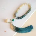 Gradient green and white Bodhi root beads prayer bracelet with elegant blue tassel - Gradient Bodhi - Li'an Handheld - Square Beads / Multi-loop/Handheld Style / Gradient Dark Green