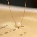 Vintage s925 silver gold plated necklace with white jade and pearl pendant for women - White Jade Artificial Pearl Necklace / Gold (White Core)
