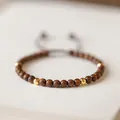 Handcrafted ethnic style green sandalwood wooden bead bracelet with gold metal accent beads - Golden Sandalwood Single Wrap
