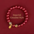 Red cinnabar bead bracelet with gold charm and green jade bead in Emperor Cinnabar style - Emperor Cinnabar Artificial Jade Blessing Style / 8mm