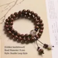 Traditional green sandalwood double strand bead bracelet with carved white accent and tassel - Golden Sandalwood Style / 8mm / Gold Brown