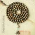 10mm Green Sandalwood 108 Beads Buddhist Prayer Mala Bracelet with Lotus Carving - 108-Bead Verawood Handheld Prayer Beads (10mm)