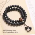 Double-layered 8mm green sandalwood bead bracelet with carved lotus charm - Medical Amber Double Wrap Lotus Bracelet (8mm)