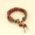 Handcrafted ethnic green sandalwood bead bracelet with carved lotus and lotus pod charm - Golden Sandalwood & Verawood Lotus Pod Double Wrap Bracelet