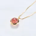 Elegant minimalist gold box chain necklace with round pink strawberry quartz pendant - Strawberry Quartz (Gold Chain)
