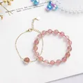 Elegant strawberry quartz bead and gold chain bracelet set for women jewelry gift - Light Strawberry Quartz (Beaded Bracelet + Chain)