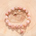 Elegant double-layer pink strawberry quartz bracelet with gold-toned chain for women - Sunstone (Beaded Bracelet + Chain)