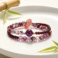 Elegant natural amethyst and garnet beaded bracelet with agate loop on a white plate. - Amethyst Double-Loop Safety Button Bracelet
