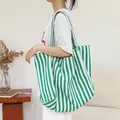 Minimalist large-capacity green and white striped canvas tote bag for casual wear - Green