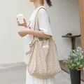 Japanese style beige polka dot canvas tote bag with drawstring closure for casual wear - Khaki