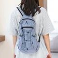 Japanese style light blue grid nylon backpack with drawstring detail for daily use - Light Blue