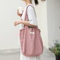 Japanese style pink polka dot canvas drawstring tote bag with pleated detail for women - Pink