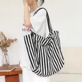 Large capacity black and white striped canvas tote bag, stylish shoulder bag for women - Black