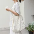Casual Japanese style white polka dot canvas tote bag with drawstring closure for women - White