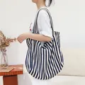 Large capacity blue and white striped canvas tote bag for women minimalist style - Blue