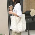 Japanese-style cream canvas tote bag with black polka dots for women stylish carryall - White