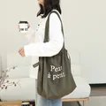 Casual army green linen drawstring tote bag with Petit à petit print for women - Green