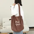 Bolso tote de algodón y lino marrón con cordón y estampado de letras Petit à petit - Café