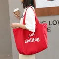 Fashionable casual red canvas tote bag with white just chilling letter print for women - just chilling Letter Style / Red
