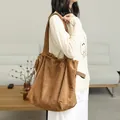 Brown suede drawstring tote bag with pleated detail, casual Japanese style shoulder bag - Camel