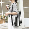 Casual black and white striped canvas tote bag for women, Japanese minimalist style. - Black