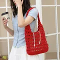 Red hand-woven crochet shoulder bag with hollow design and drawstring pouch - Red