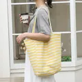 Casual yellow and white striped canvas tote bag for women with large capacity design - Yellow