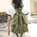 Japanese style casual army green grid nylon drawstring backpack with large capacity - Green