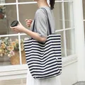 Japanese casual style striped canvas tote bag for women in navy and white stripes - Dark Blue