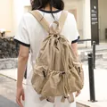 Khaki nylon drawstring backpack with grid pattern and pleated design for casual wear - Khaki