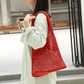 Red cotton rope woven hollow net shoulder bag with inner pouch for women - Red