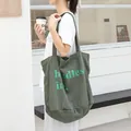 Washed green canvas bucket tote bag with stylish light green letter print for women - Green