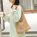 Stylish woven cotton rope underarm shoulder bag with netted hollow design in tan color - Khaki