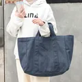 Bolso tote grande de lona lavada azul marino de estilo japonés con asas anchas para mujer - Azul