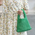 Handmade minimalist green mesh woven cotton thread tote bag with drawstring inner pouch - Green