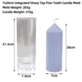 Detailed view of ribbed cylindrical candle mold with dimensions and finished candle model - 7x20cm Spire Integrated Fine Tooth Mold
