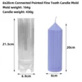 Detailed dimensions and specifications of ribbed pillar candle mold with finished lavender candle - 6x20cm Spire Integrated Fine Tooth Mold