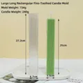 Detailed view showing dimensions for tall fluted pillar candle mold and green candle. - Large Long Rectangular Fine Tooth Mold
