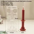 Detailed dimension view of octagonal plastic candle mold and finished red wax candle - Small Octagonal Candlestick