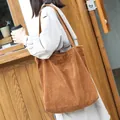 Brown corduroy tote bag with large capacity, vintage style for women's casual use - Brown