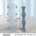 Detailed view of geometric pillar candle mold with dimensions and finished wax candle - Endless Pillar Candle Mold