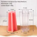 Detailed dimensions showing hexagonal star candle plastic mold and finished pink wax candle - Medium Hexagonal Star