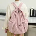 Casual Japanese style pink pleated nylon drawstring backpack for school or travel. - Pink