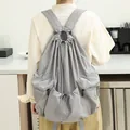 Casual Japanese style gray nylon drawstring backpack with pleated design - Gray
